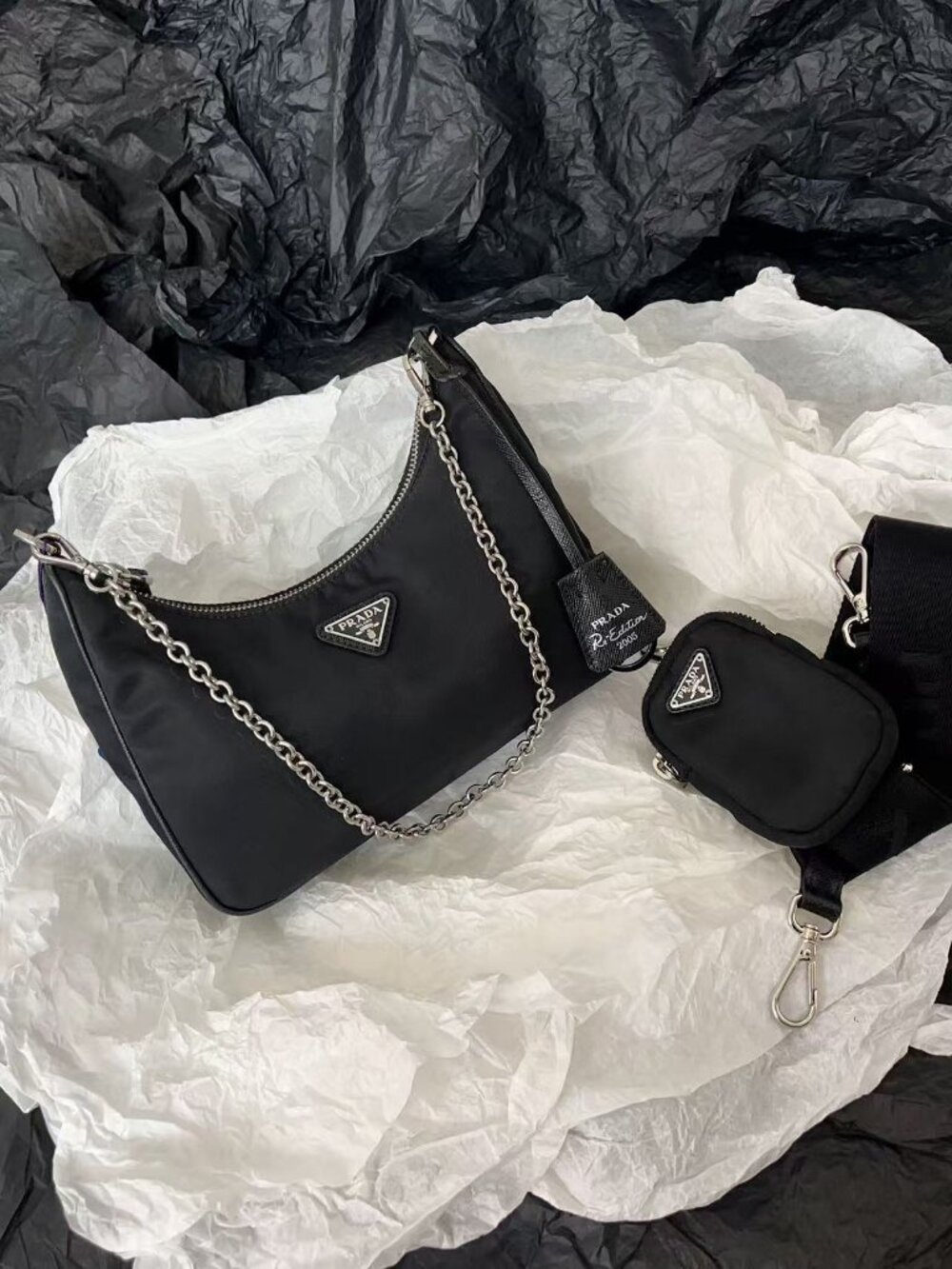 Prada Re-Edition 2005 Black Nylon Handbag with Detachable Strap & Mini Pouch